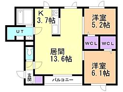 札幌市営東西線 南郷18丁目駅 徒歩26分の賃貸アパート 3階2LDKの間取り