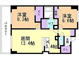 ホーリーフォート南平岸 9階2LDKの間取り