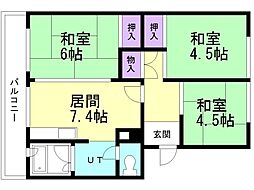 札幌西月寒団地5号棟 4階3DKの間取り