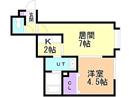 エルムーン月寒中央 2階1LDKの間取り