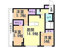 仮）ＧＡー福住1−1ＭＳ　Ｂ棟 3階3LDKの間取り