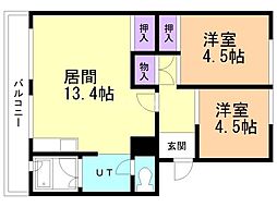 札幌西月寒団地1 2LDKの間取図画像