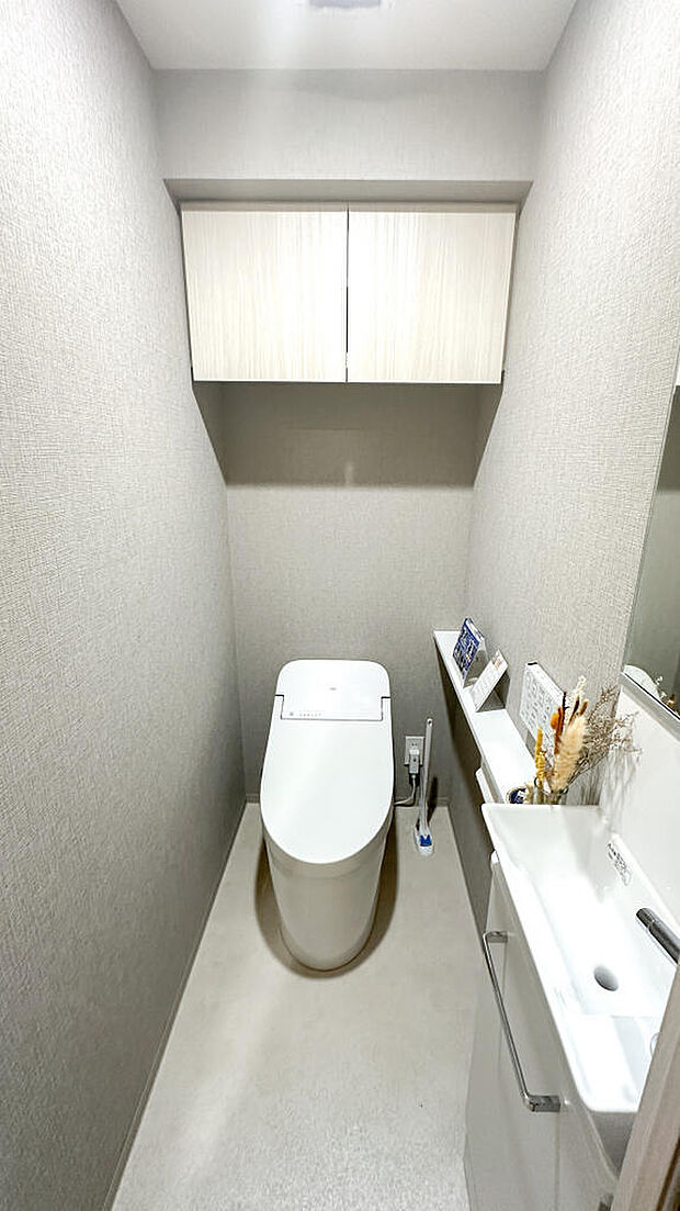 手洗いカウンター付きタンクレスウォシュレットトイレ。小物類やストックなどもしまえる収納付き。室内（2024年5月）撮影