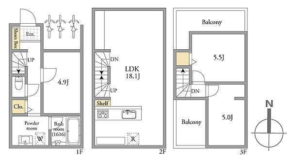 2階にはゆったり18.1帖のLDKを配置。キッチンのすぐ横に「Shelf（棚）」が備え付けられており、調味料や食器、日用品をスッキリ収納できます。
