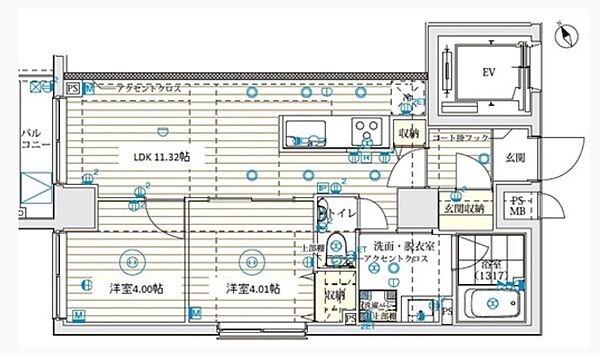 ☆★間取り図☆★専有面積45.10平米・2LDKの間取り図面です。5階角部屋ならではの良好な通風・採光と空間効率に優れたレイアウトを確認でき、実際の家具配置や暮らしやすさをイメージしていただけます。