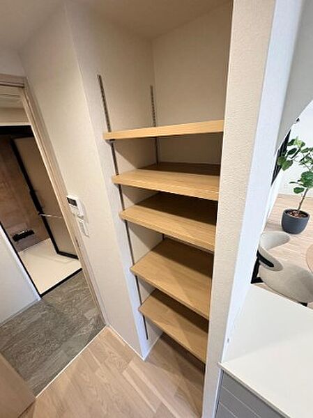 玄関横に備えられたシューズボックス（靴箱）です。ご家族全員の靴類を整然と収納できる容量を確保しており、散らかりやすい玄関口をいつでも清潔で綺麗な状態に保つことに大きく貢献します。
