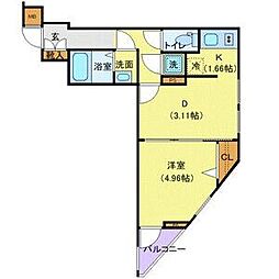 東急東横線 学芸大学駅 徒歩8分の賃貸マンション 4階1DKの間取り