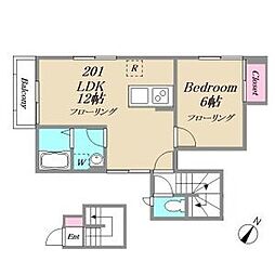 JR総武線 東中野駅 徒歩9分の賃貸アパート 2階1LDKの間取り
