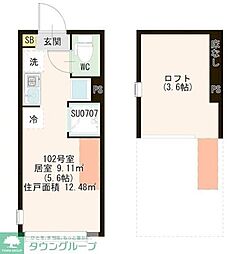 ハーモニーテラス中台 2階ワンルームの間取り