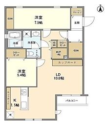 東急東横線 都立大学駅 徒歩7分の賃貸マンション 2階2LDKの間取り