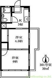 東急目黒線 武蔵小山駅 徒歩8分の賃貸マンション 3階2Kの間取り