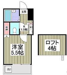 東武東上線 若葉駅 徒歩18分の賃貸アパート 2階1Kの間取り