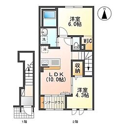 東武越生線 東毛呂駅 徒歩8分の賃貸アパート 2階2LDKの間取り