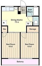 京王高尾線 めじろ台駅 徒歩12分の賃貸アパート 1階2DKの間取り
