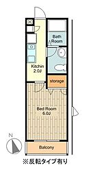 京王線 北野駅 徒歩2分の賃貸アパート 1階1Kの間取り