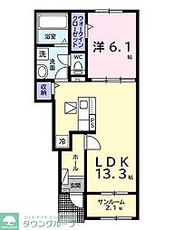 プレリュード 1階1LDKの間取り