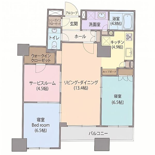 南西向きリビング中心の2LDK+S。サービスルームと寝室は可動間仕切りでつながり、開放的にも個室にも利用可能。シューズイン・ウォークインクローゼットなど収納力も高い間取りです