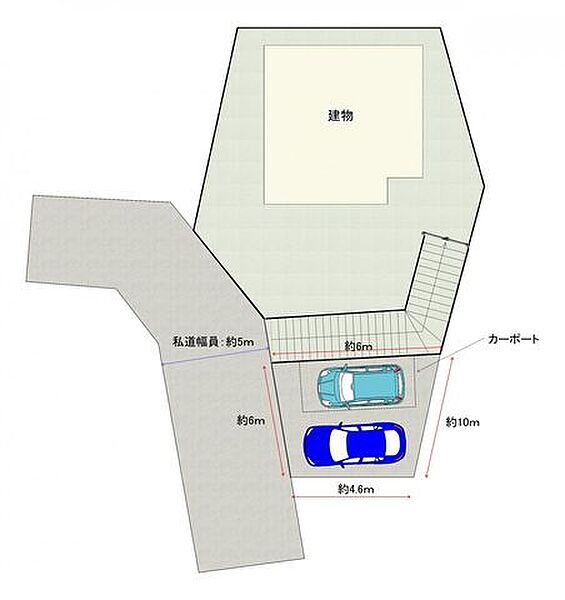 【区画図】階段の下に並列2台駐車可能です。高台に位置するため、周囲からの視線を気にせず、ゆったりとした暮らしを楽しめます。プライバシー性が高く、窓を開けても安心。開放感のある眺望と心地よい風が、毎日…