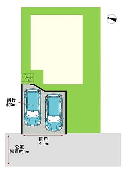 【区画図】お車は2台止めることができます。前面道路は幅員約5mあるので、駐車も楽々できます。