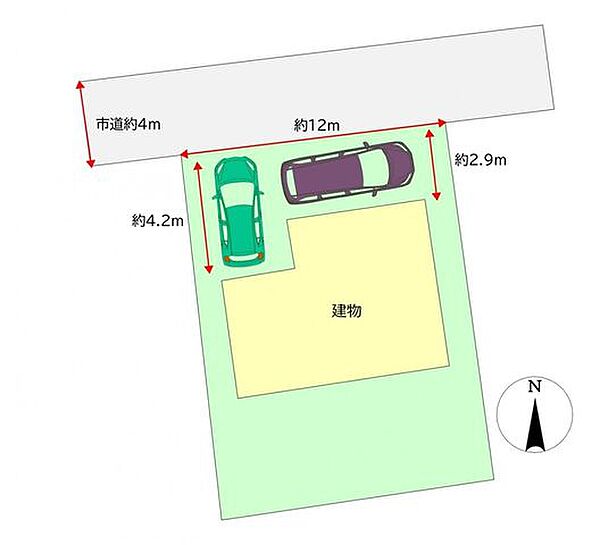 【区画図】玄関前の石や庭木、カーポートなどを撤去し駐車場に変更いたします。これにより、車種にはよりますがお車が2台止めることができるようになりました。