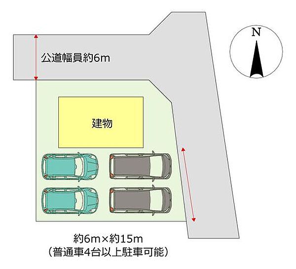 【区画図】敷地と道路の関係図です。南東角地にて日当たりも良く、車の出し入れもしやすそうですね。普通車4台以上駐車可能です。