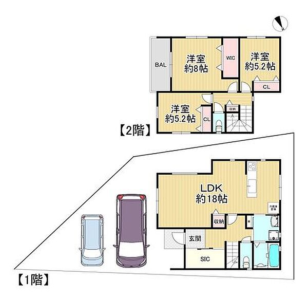 【建物プラン例】■建物価格：2000万円　■建物面積：95.22m2(1階：51.34m2、2階：43.88m2)