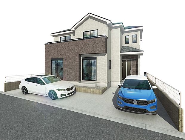 -外観完成予想図-　一戸建ての大きなメリットは、自分達の「土地」を「自由に」使える事です。ガーデニングやＤＩＹ，車やバイクの趣味など様々な用途で利用できます。