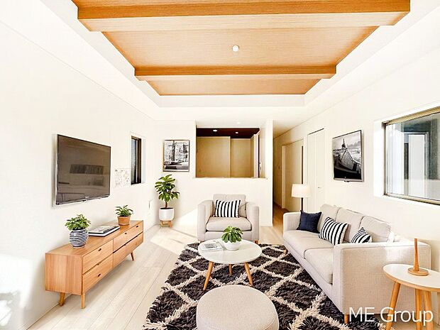 〜Living〜　家族の会話や笑顔が行き交うリビングです。子供が走ってる姿を見ながら、大きなソファやダイニングテーブルでゆったり食事をしたりくつろぎたい♪そんな夢が叶えられる空間です！※家具はCGです