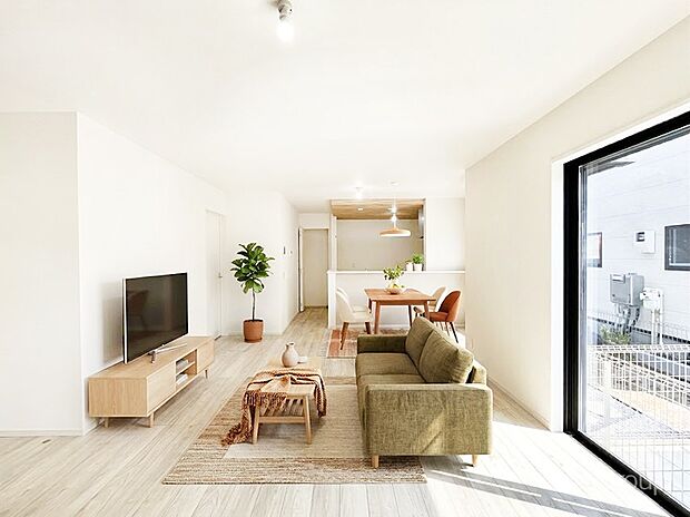 ◆1号棟◆~Living~ 家族の会話や笑顔が行き交うリビングです。大きなソファやダイニングテーブルでゆったり食事をしたりくつろぎたい♪そんな夢が叶えられる空間です!※家具はCGです