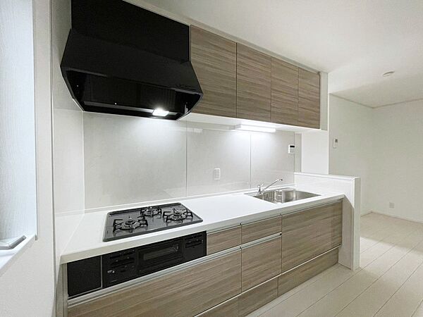 -Kitchen-　デザイン性と機能性を兼ね備えたキッチンです。リビングスペースとの一体感が生まれ、広々空間を演出してくれます。  スライド収納付きシステムキッチン。　