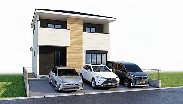 -外観完成予想図- 堂々たる趣ながら、主張し過ぎずどこか余裕を感じさせるシャープなフォルムで佇む邸宅は、晴天の空と照らし合わせる事で、本来あるべき完成形の姿を見せてくれます。