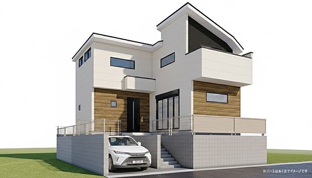 -外観完成予想図-堂々たる趣ながら、主張し過ぎずどこか余裕を感じさせるシャープなフォルムで佇む邸宅は、晴天の空と照らし合わせる事で、本来あるべき完成形の姿を見せてくれます。