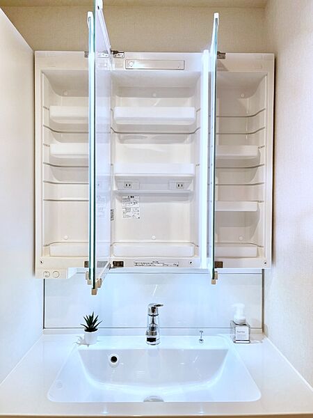 三面鏡の裏に、化粧品や衛生用品などを収納可能。洗面台をすっきりと保ちます！