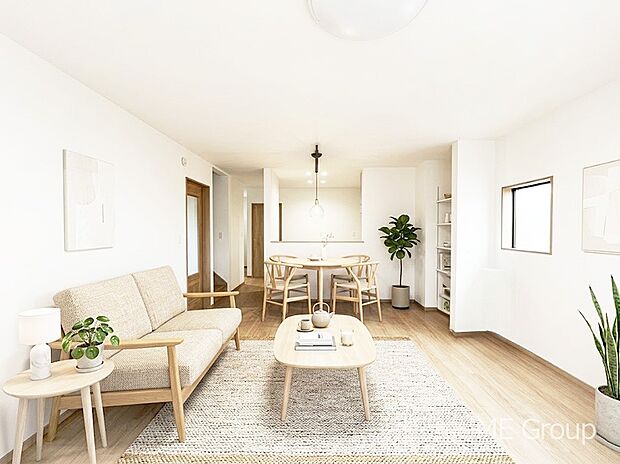 ◆1号棟◆~Living~ 家族の会話や笑顔が行き交うリビングです。大きなソファやダイニングテーブルでゆったり食事をしたりくつろぎたい♪そんな夢が叶えられる空間です!※家具はCGです