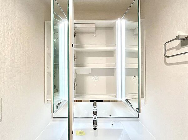 三面鏡の裏に、化粧品や衛生用品などを収納可能。洗面台をすっきりと保ちます！