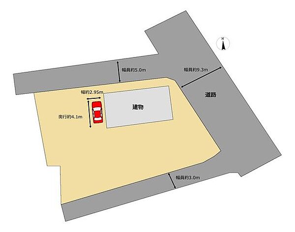【区画図】駐車1台可能です。前面道路は約5ｍありますので、運転が苦手な方でも駐車やすれ違いがしやすいですね。大きなお庭もございますので家庭菜園をするなどお好きな使い方ができていいですね。