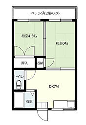万葉ハイツA棟 1階2DKの間取り