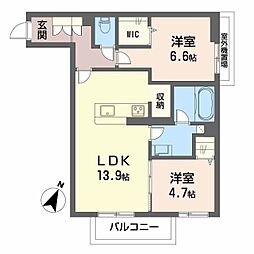 広島電鉄1系統 県病院前駅 徒歩27分の賃貸マンション 2階2LDKの間取り