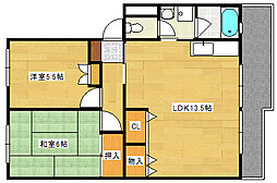 広島電鉄宮島線 商工センター入口駅 徒歩16分の賃貸マンション 2階2LDKの間取り
