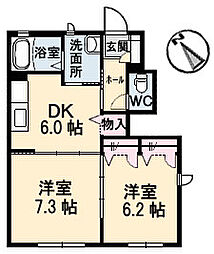 JR可部線 上八木駅 徒歩7分の賃貸アパート 1階2DKの間取り