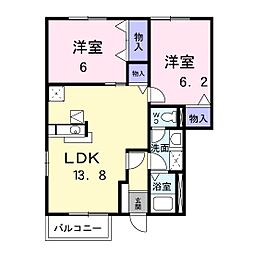 JR芸備線 下深川駅 徒歩4分の賃貸アパート 1階2LDKの間取り