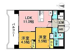 広島電鉄1系統 市役所前駅 徒歩7分の賃貸マンション 16階2LDKの間取り