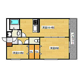 広島電鉄1系統 宇品3丁目駅 徒歩10分の賃貸マンション 3階2LDKの間取り