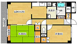 広島電鉄5系統 南区役所前駅 徒歩9分の賃貸マンション 3階2LDKの間取り