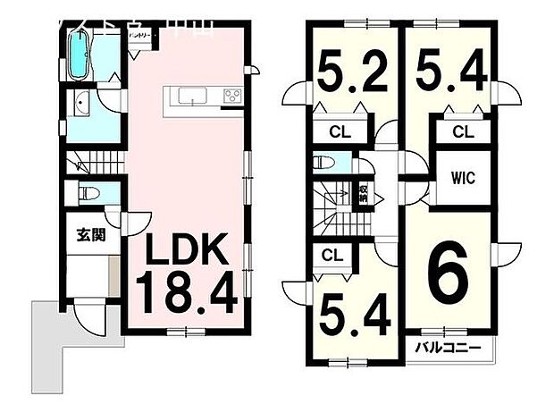 リビング18.4帖2階洋室(6、5.4、5.4、5.2)ウォークインクローゼットあり