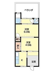クレール六十谷 1階2Kの間取り