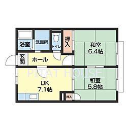 あしべハイツ 2階2DKの間取り