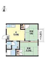 フォーブル若葉 2階2Kの間取り