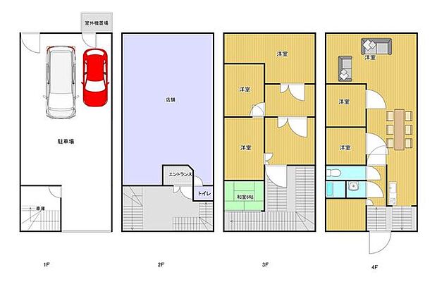 1階はビルトインガレージ3台分のスペースがあります。2階は店舗、3・4階は居住スペースになっています。