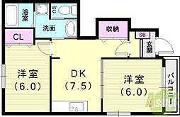 ディスリュミエール 2DKの間取図画像